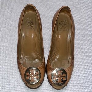 Tory Burch Brown Leather Julianne Peep Toe Wedge Pumps Size 10M